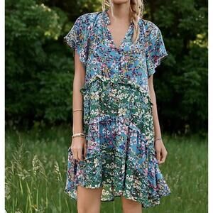 ANTHROPOLOGIE Robin Tiered Floral Mini Dress Blue Green Sz S {NN14} New